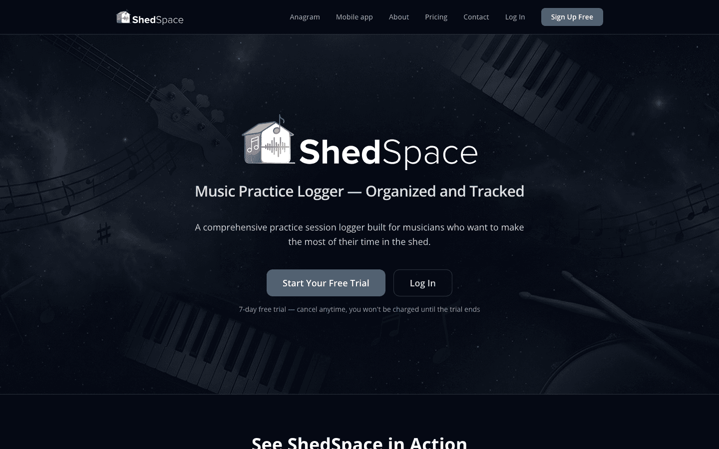 ShedSpace on the web: the music practice logger home page
